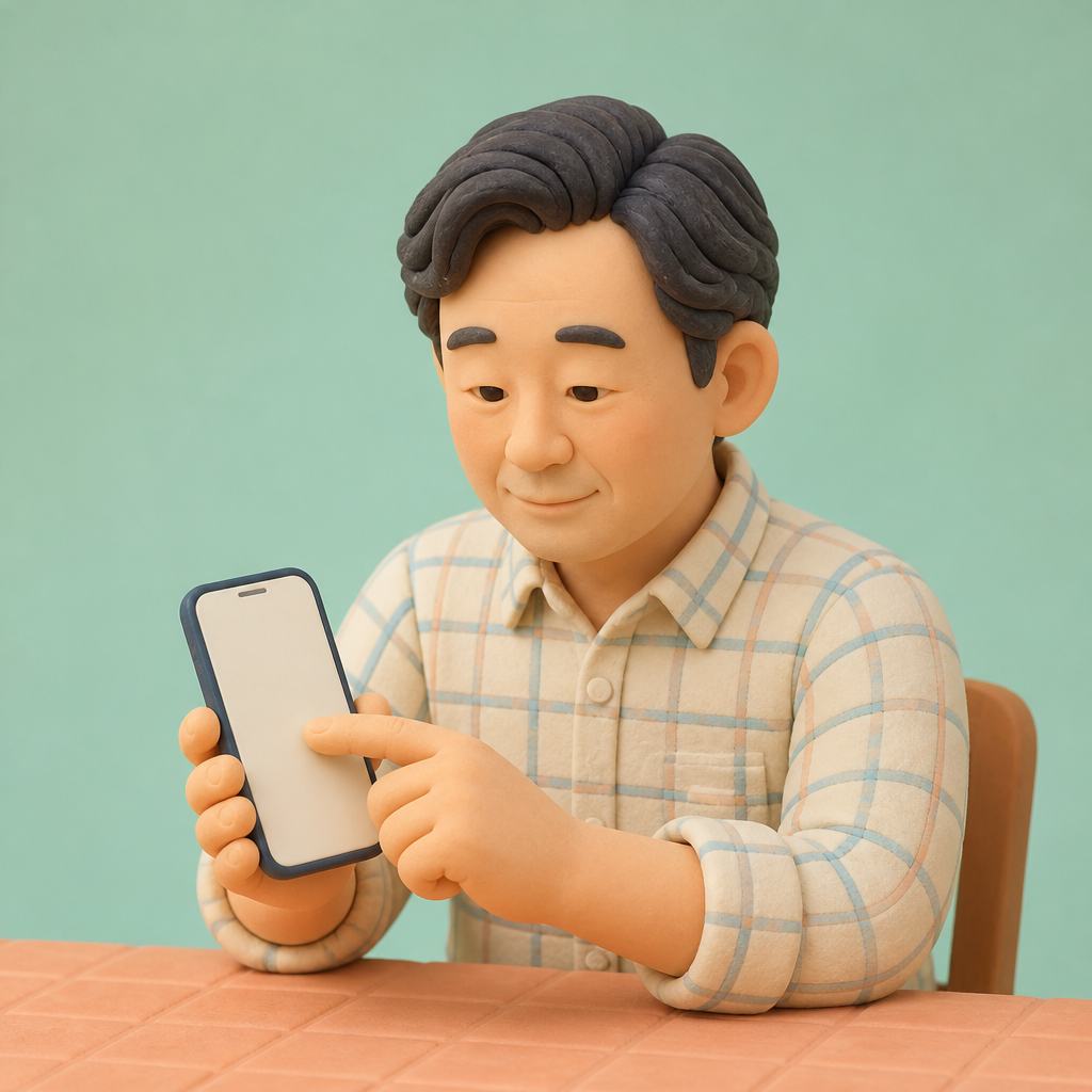 부엌 식탁에서 휴대폰 가운데 막대를 손가락으로 끌어 보는 50대 남성