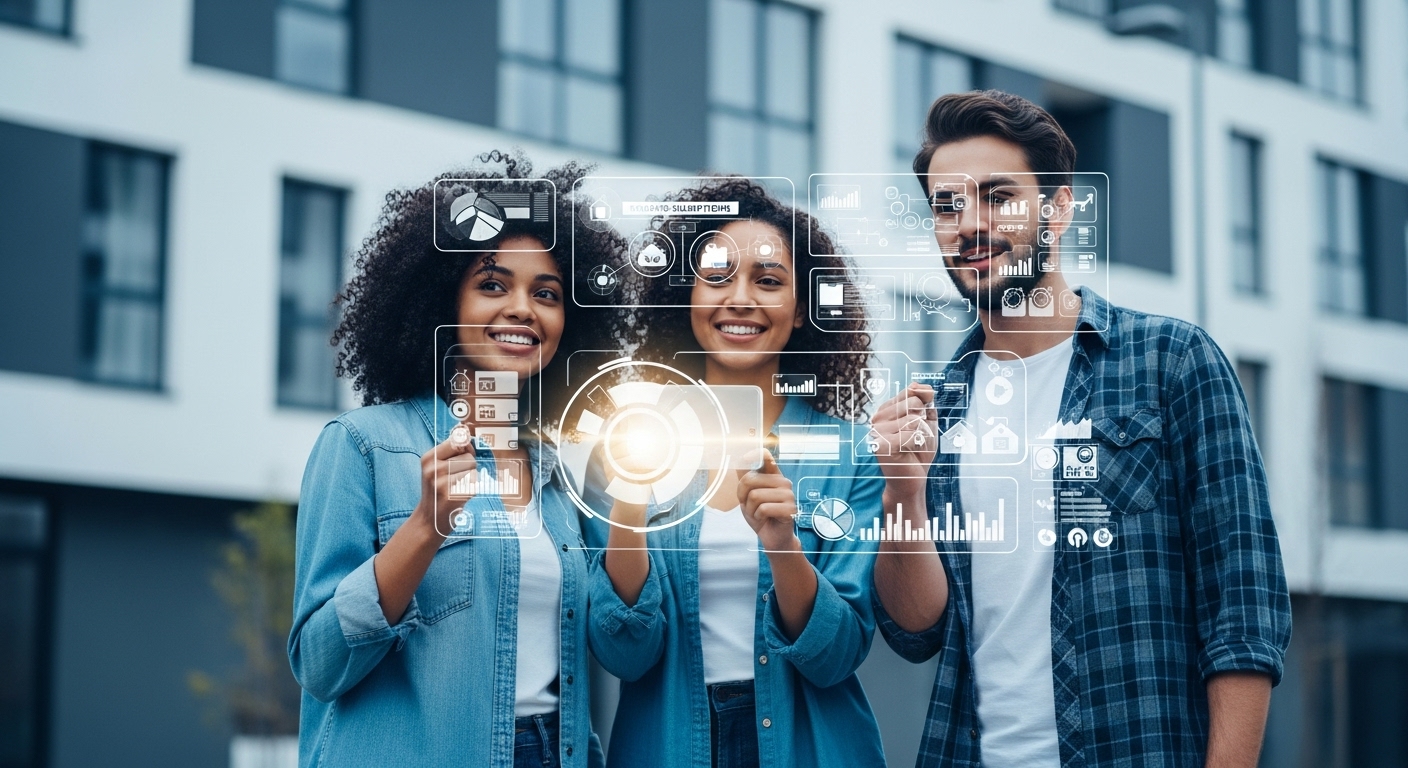 환하게 웃는 신혼부부와 청년이 현대적인 아파트 앞에서 청약 관련 복잡한 정보를 긍정적으로 바라보는 모습.