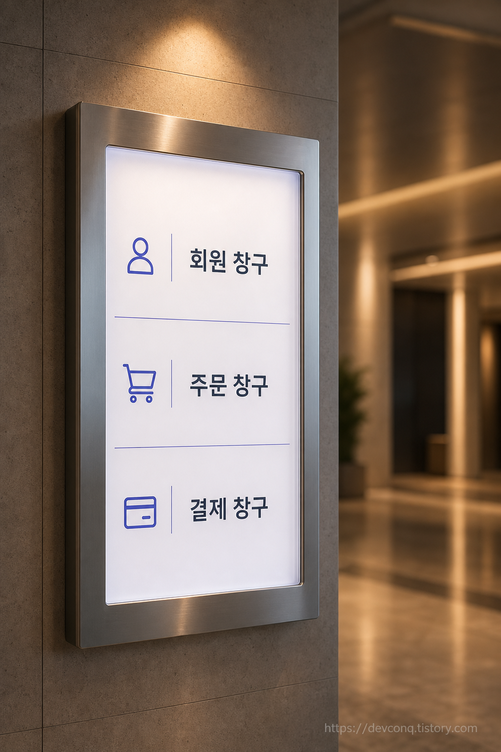 건물 로비 벽면 안내판에 회원 창구, 주문 창구, 결제 창구가 층별 안내처럼 정리된 목업 화면