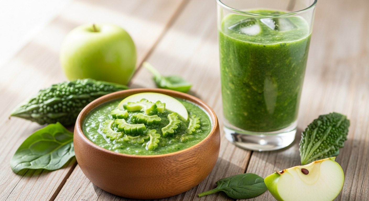 신선한 여주를 잘게 썰어 시금치, 사과와 함께 갈아 만든 초록색 스무디. 건강한 여주 섭취 방법을 보여줍니다.
