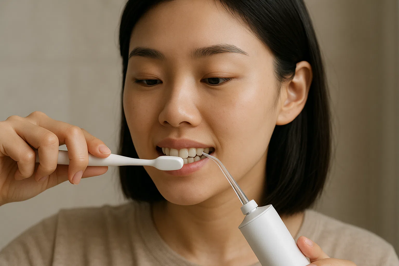 스케일링 후 부드러운 칫솔모와 저자극 치약을 사용하는 모습, 구강 세정기로 치아 사이를 세정하는 장면