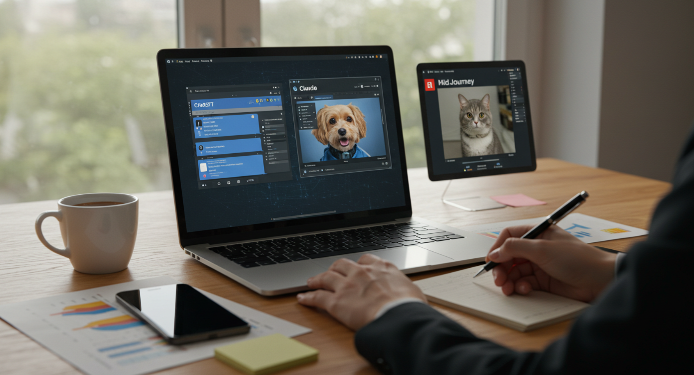 노트북으로 AI툴로 작업하고 있는 장면