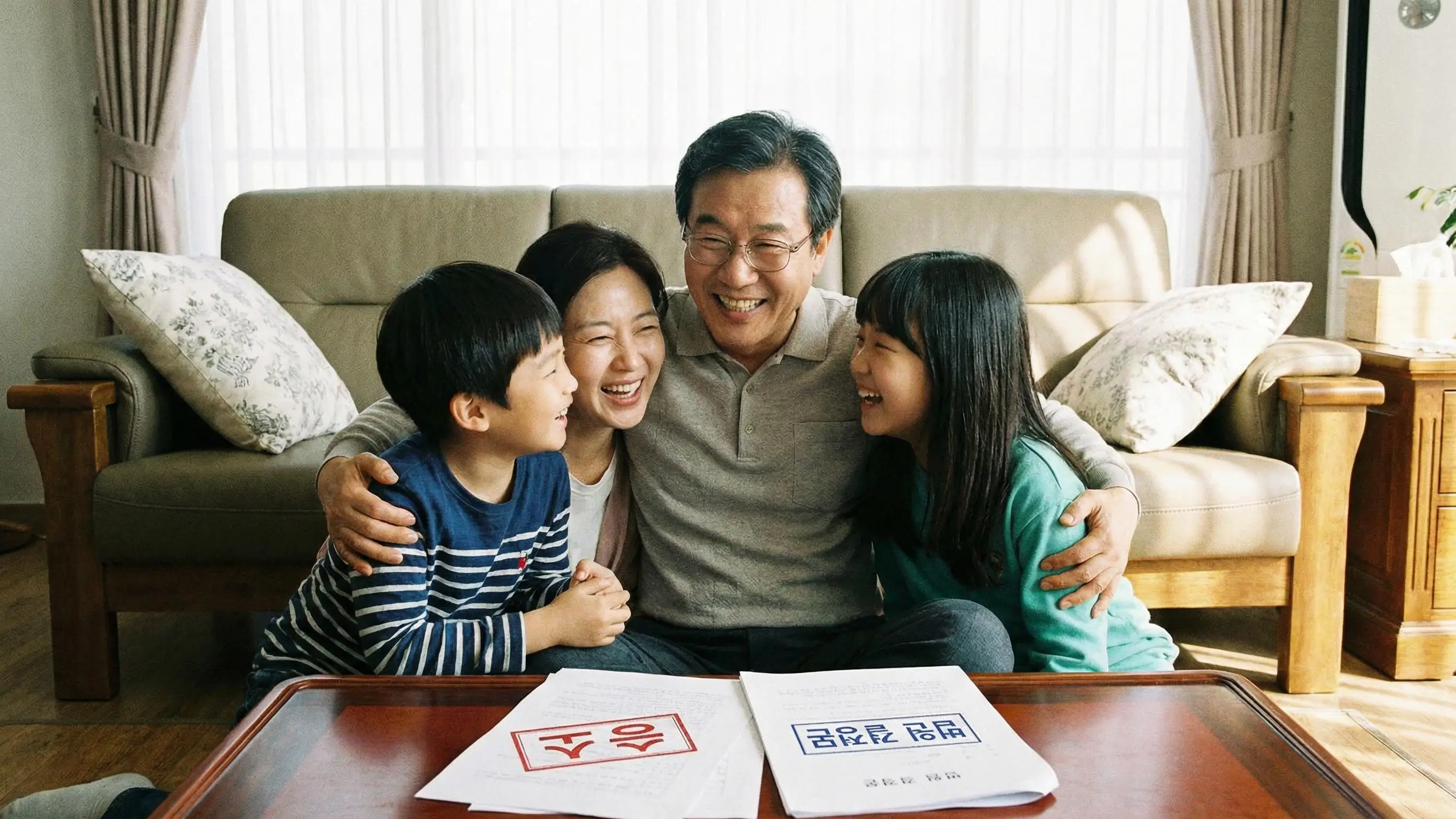 법적 문제를 해결하고 가족과 함께 웃으며 안도하는 가장의 긍정적인 모습