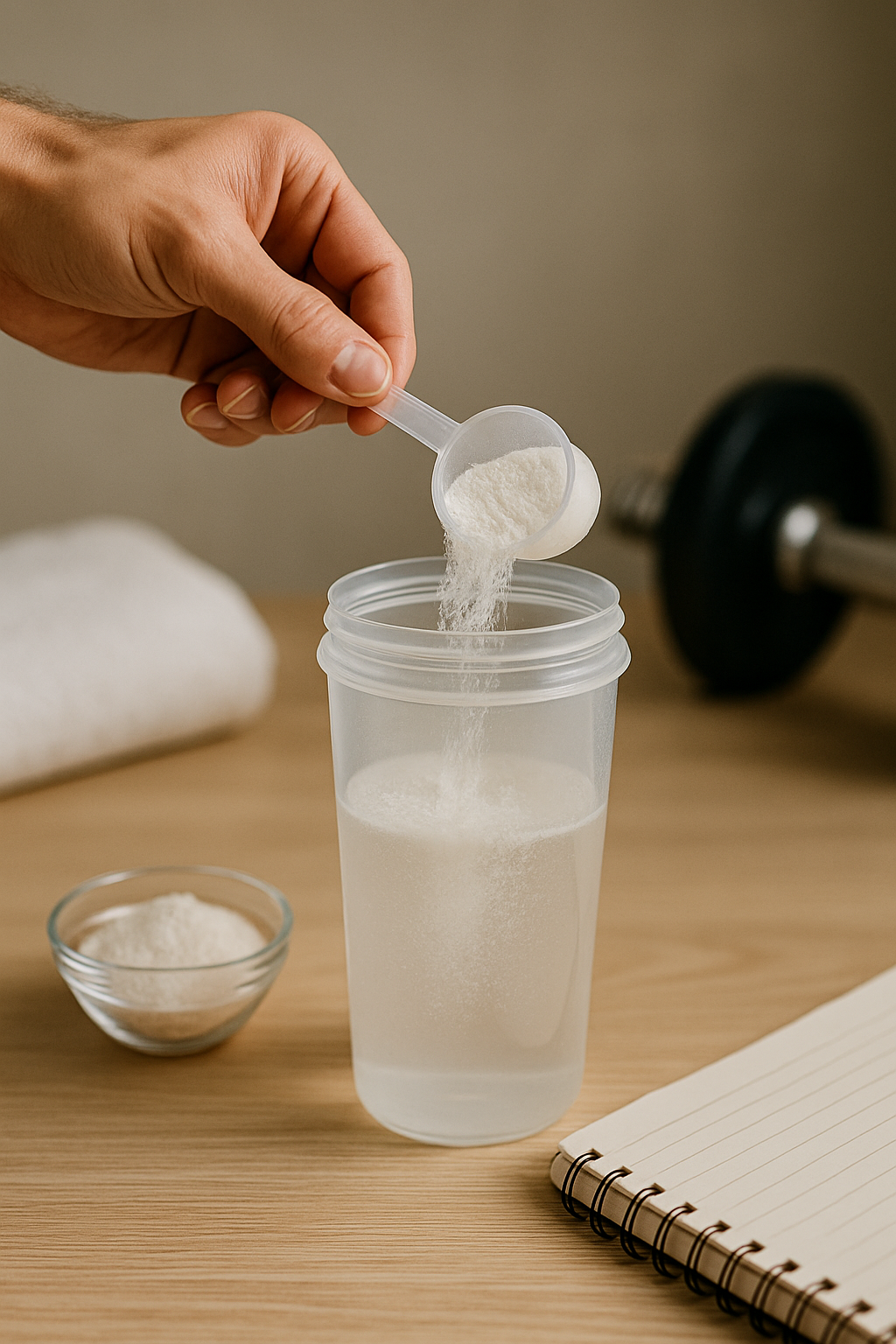 투명 셰이커에 물과 크레아틴 분말 1스쿱을 붓는 장면, 노트·덤벨 배경