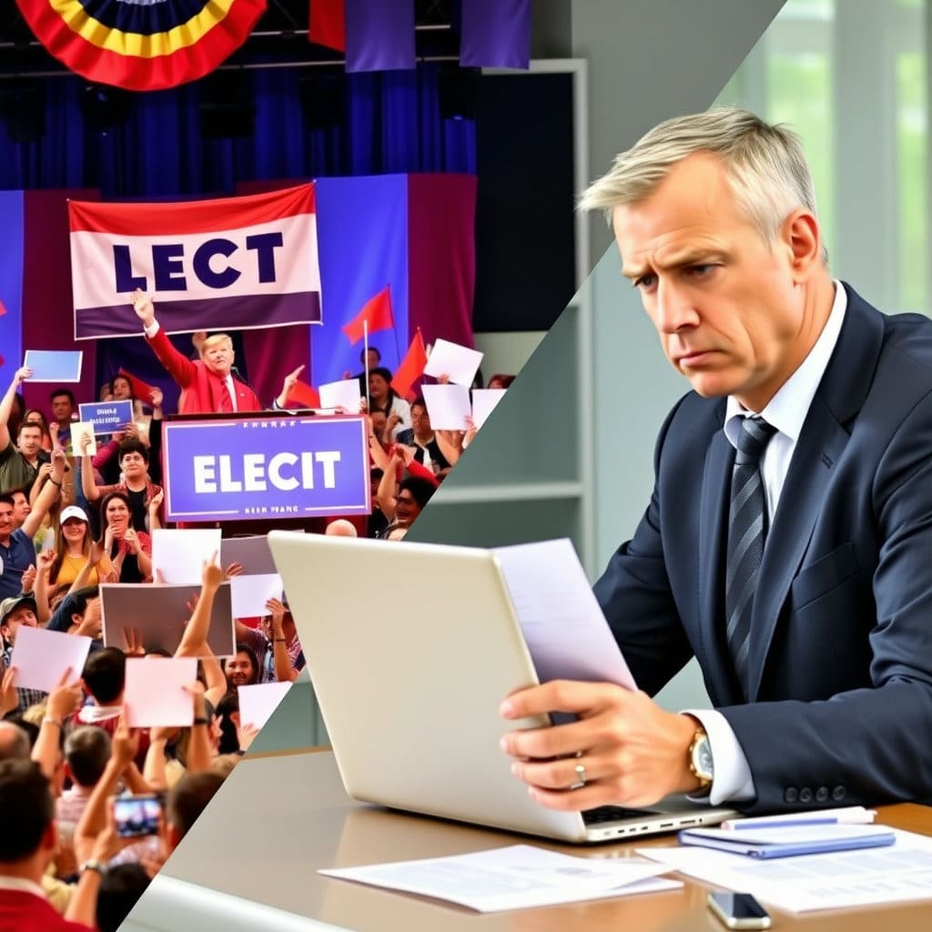 한쪽에는 선거 포스터, 연단, 환호하는 군중 등 활기찬 선거 유세 현장을 묘사하고, 다른 한쪽에는 노트북이나 서류를 보며 심각하게 생각하는 투자자의 모습을 배치합니다. 정치적 이벤트가 개인의 투자 결정에 미치는 영향을 보여줍니다.