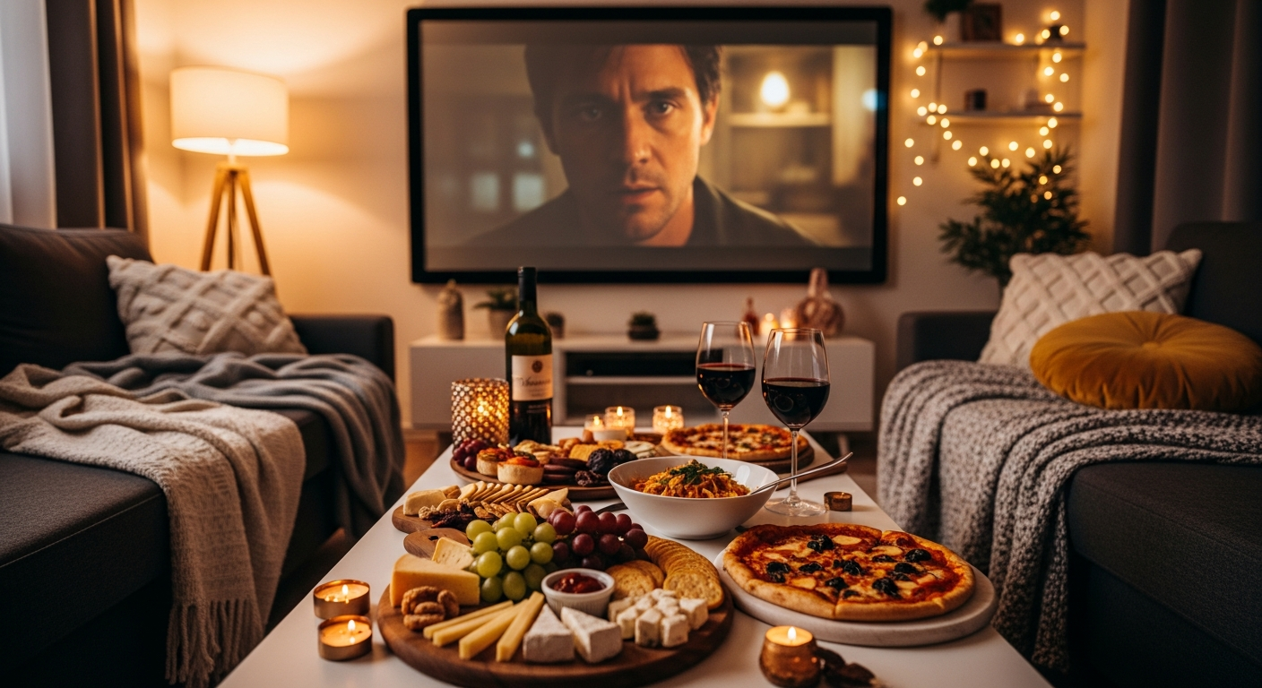 아늑한 거실, 스크린에는 영화가 상영되고 있고 앞의 테이블에는 정성스럽게 만든 음식이 놓여있는 이미지