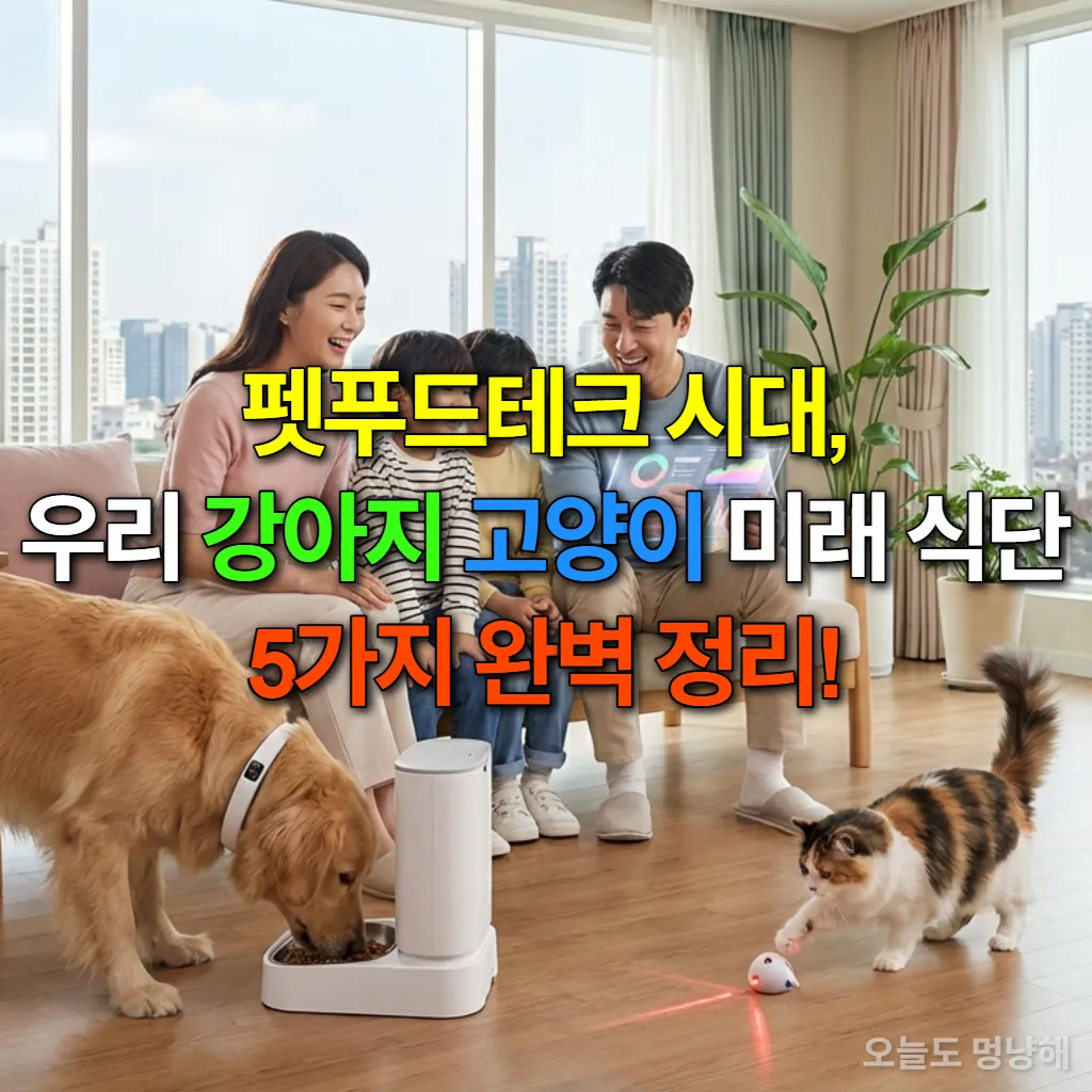 미래형 스마트 홈에서 AI 기기와 함께 행복하게 지내는 한국인 가족과 강아지, 고양이