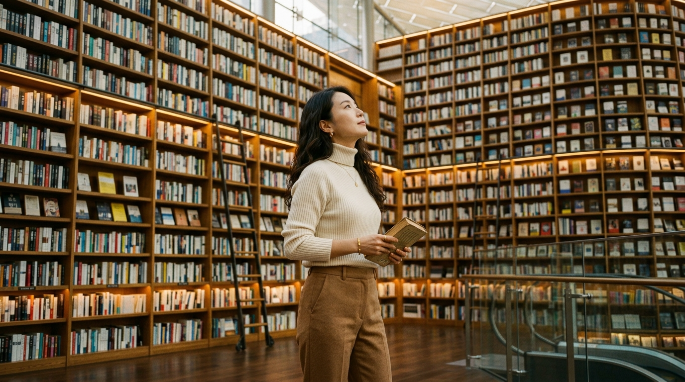 높은 책장 앞에서 느껴지는 분위기