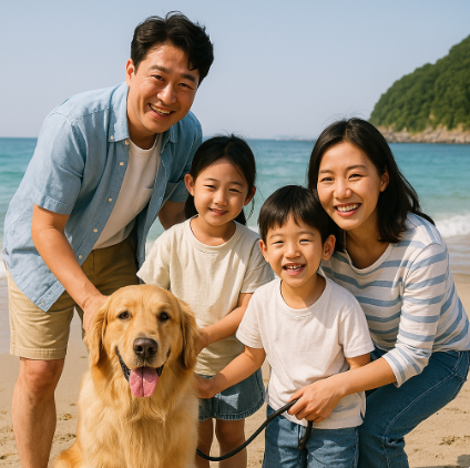 반려견과 함께 바다에서 즐거운 시간 보내는 가족