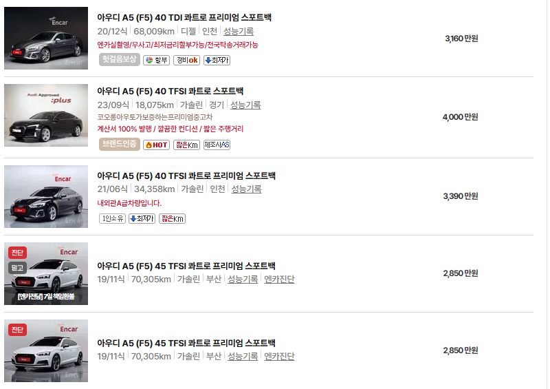 아우디 A5 중고차 가격 시세표 유지비