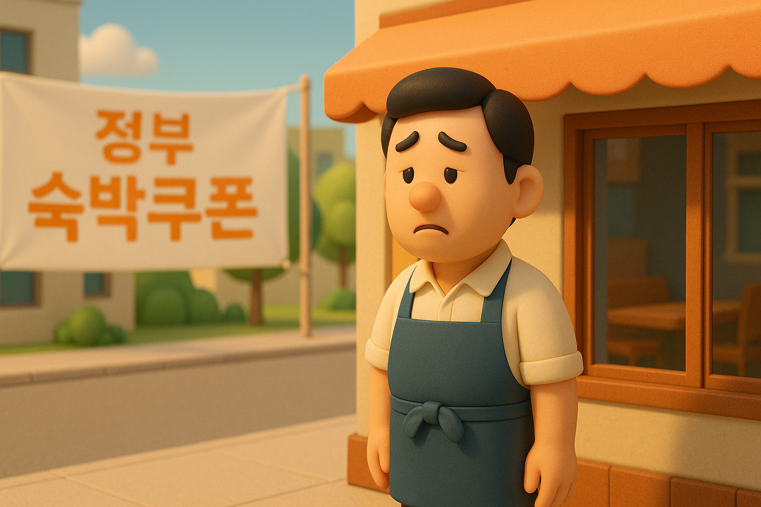 관광지 식당 사장님이 숙박쿠폰 할인 배너를 보며 아쉬워하는 모습]