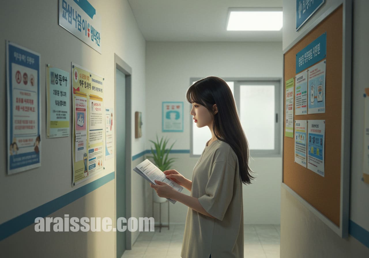 보건소 게시판 앞에서 지원 제도 안내문을 살펴보는 여성
