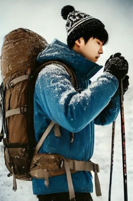 겨울 산행 중 등산객이 눈 덮인 산을 오르는 모습