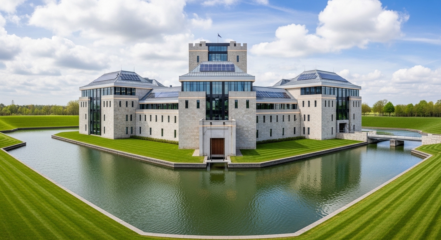 튼튼한 재무 구조를 상징하는 성채 모양의 안정적인 금융 차트. 낮은 부채와 풍부한 현금 흐름을 시각적으로 표현.