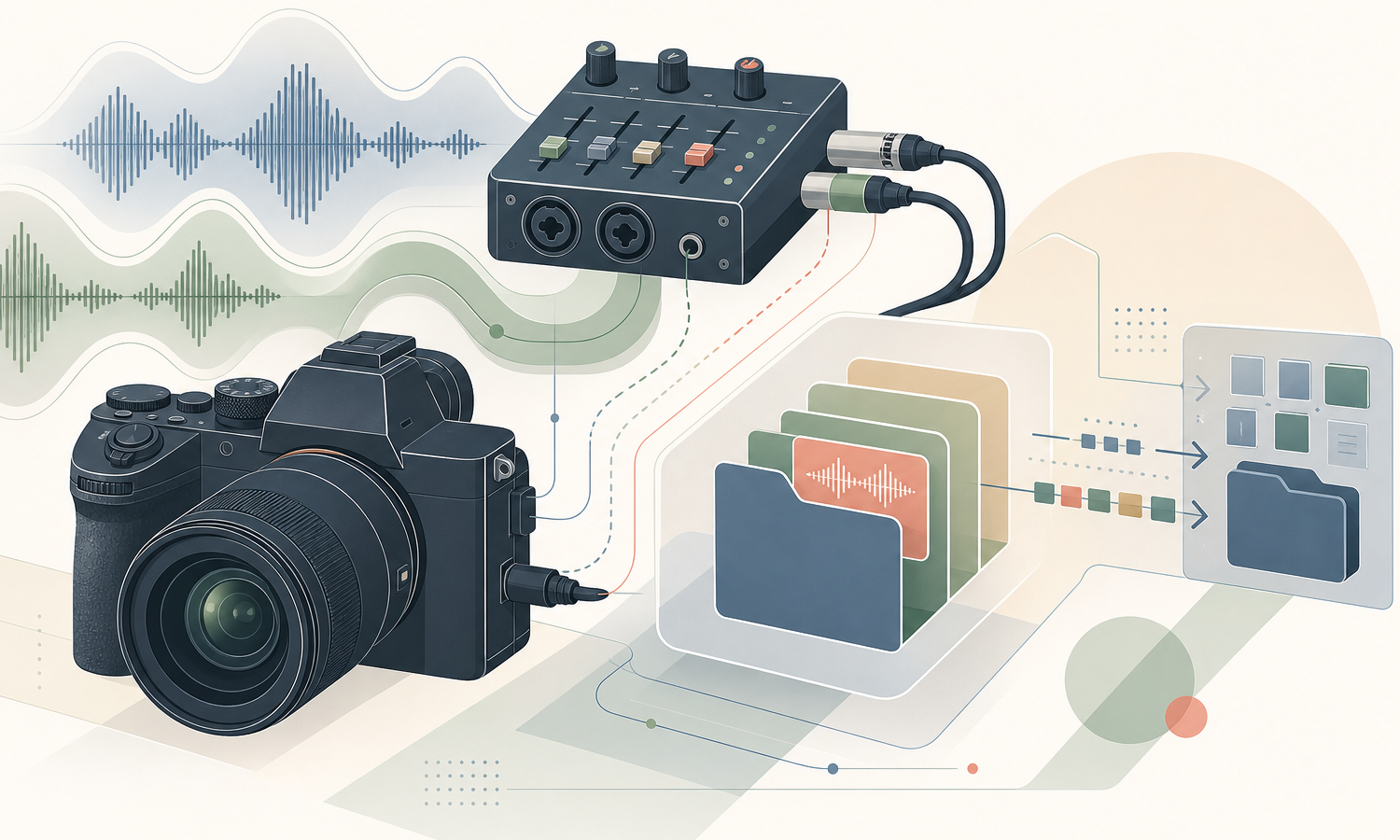 Sony a7 V 펌웨어 2.00의 32-bit float 오디오와 XLR-A4 워크플로를 표현한 일러스트