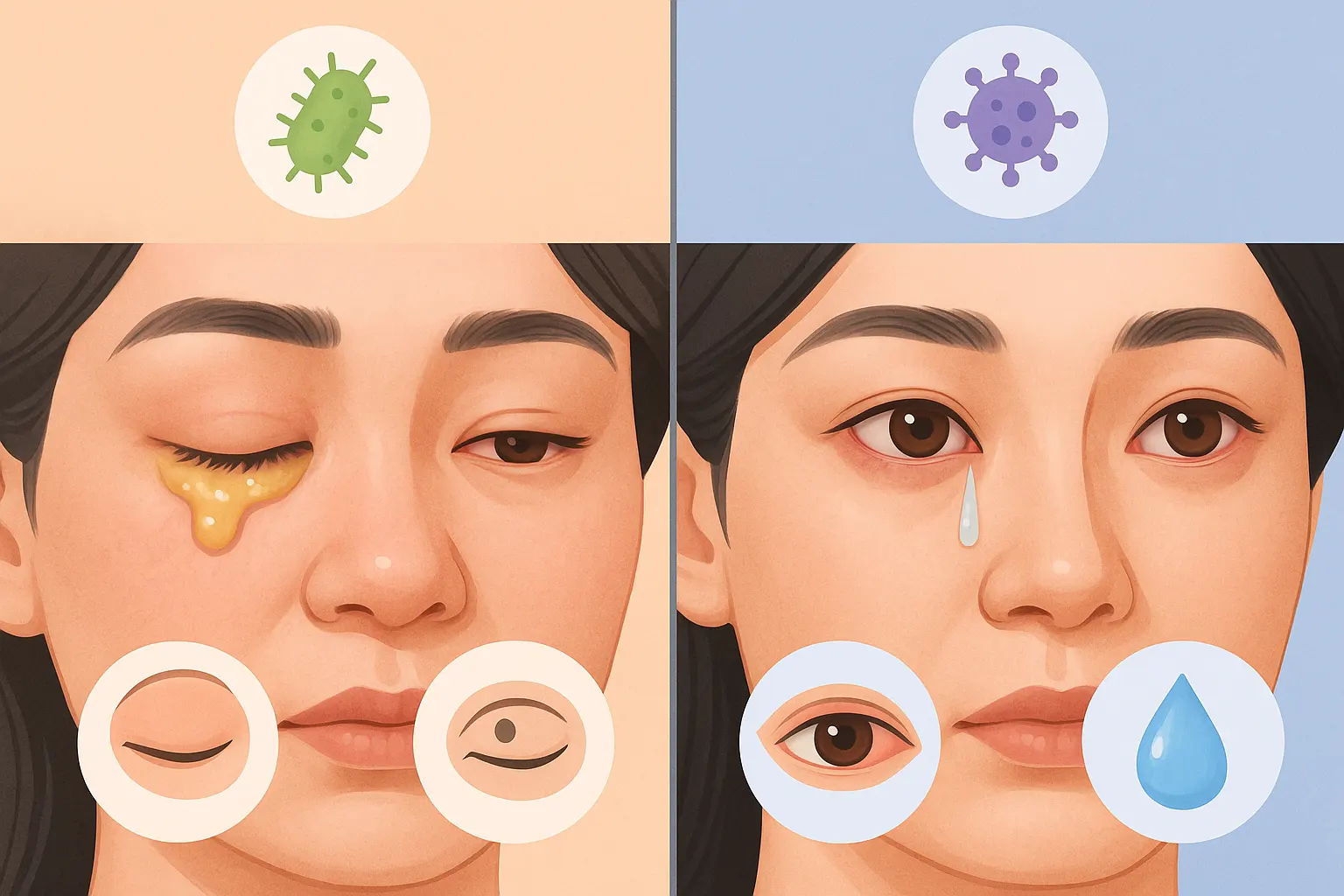 세균성 결막염 – 점도가 높은 끈적한 눈곱과 부은 눈꺼풀, 바이러스성 결막염 – 묽은 물 같은 눈곱과 충혈된 눈을 나란히 비교한 인포그래픽