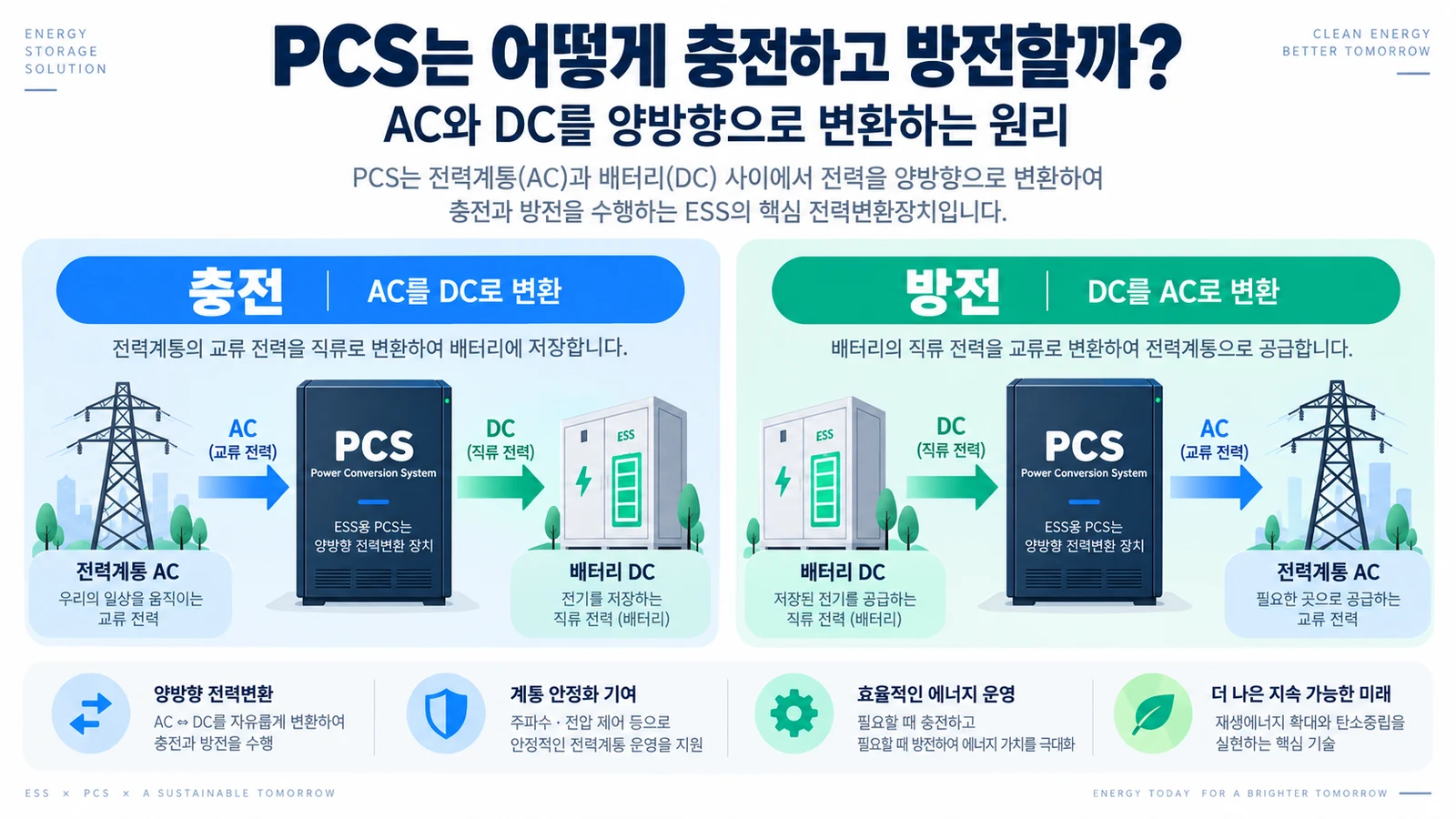ESS용 PCS가 충전 시 AC를 DC로 방전 시 DC를 AC로 양방향 변환하는 원리