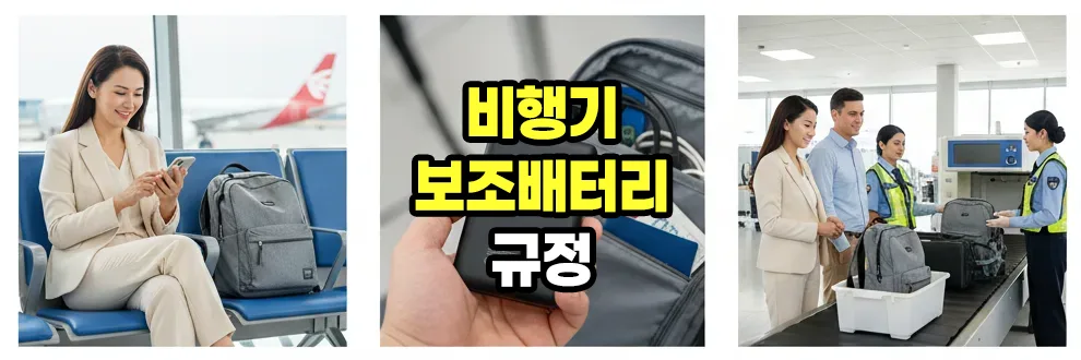 비행기 기내 반입용 보조배터리를 가방에 챙기는 승객과 공항 검색대 전경