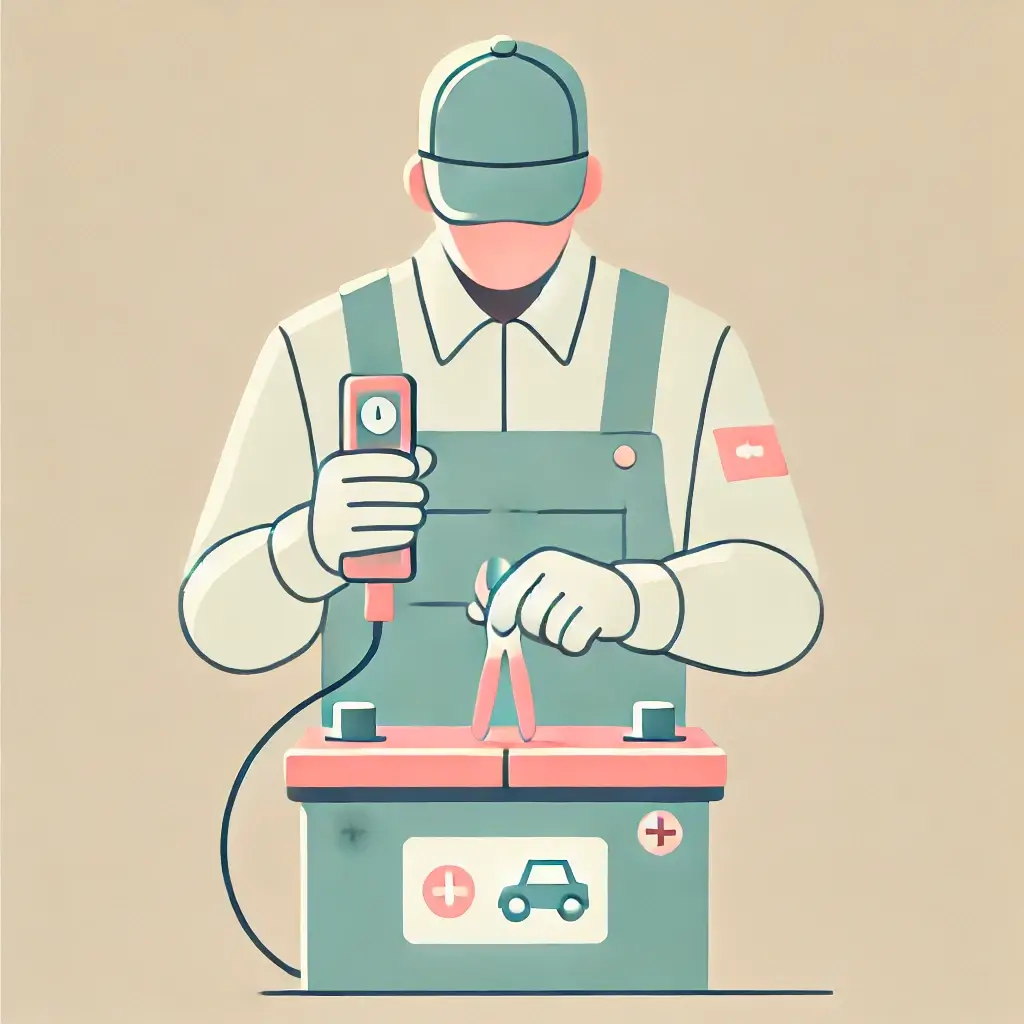 자동차 배터리를 점검 중인 정비사