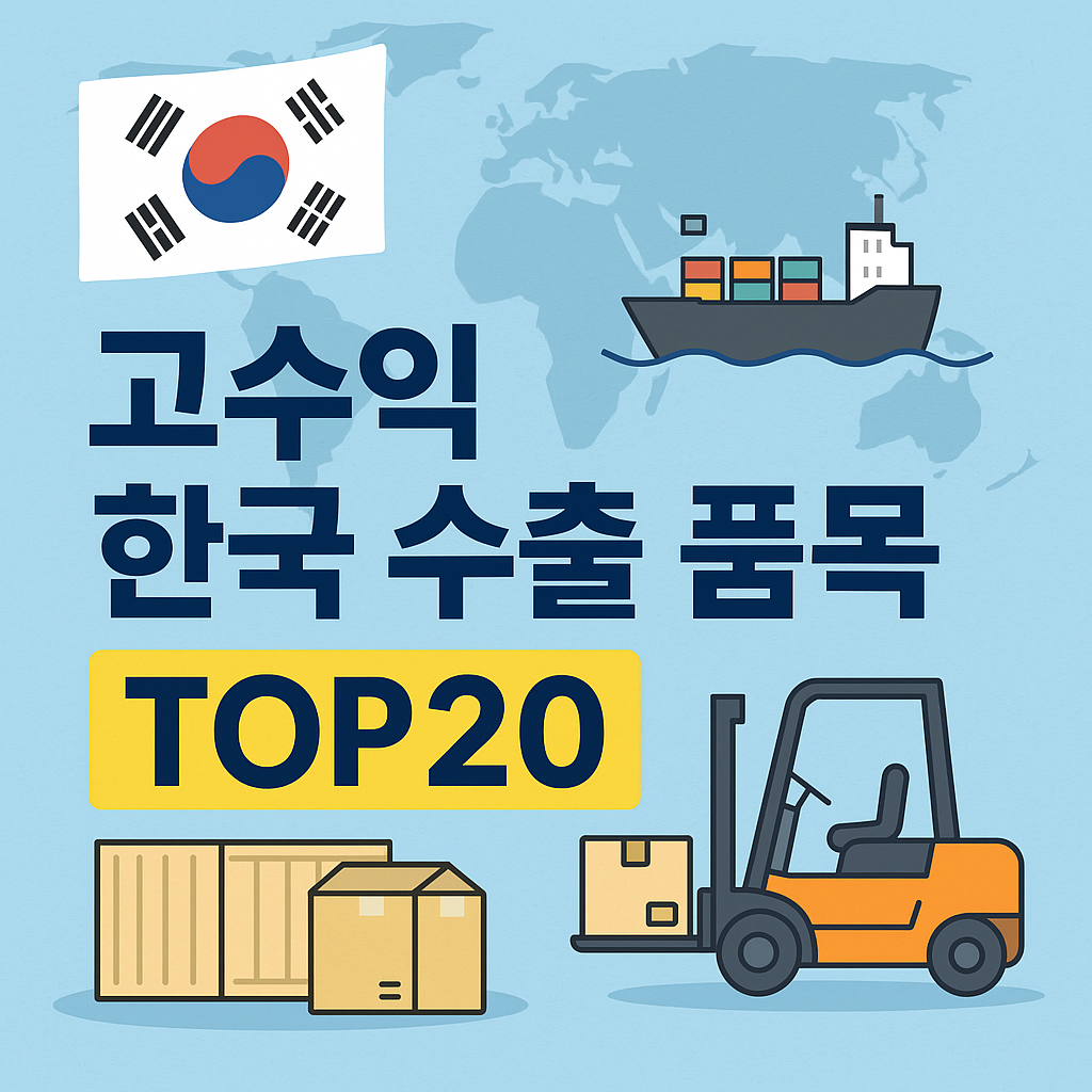alt="대한민국 국기와 수출 상징 아이콘, 컨테이너, 선박, 지게차 등과 함께 '고수익 한국 수출 품목 TOP20' 문구가 강조된 광고매칭형 썸네일 이미지"