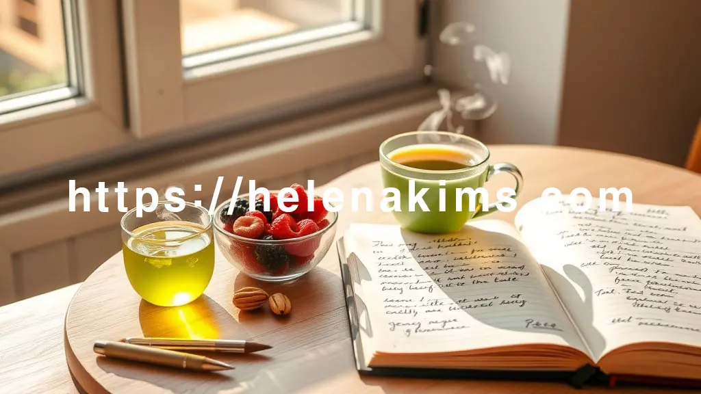 따뜻한 아침 햇살이 비치는 창가 테이블 위, 싱싱한 베리류와 견과류가 담긴 작은 그릇, 녹차 한 잔이 조화롭게 놓여 있다. 그 옆으로는 손으로 직접 작성한 건강 관리 일지가 펼쳐져 있다. 전체적으로 밝고 깨끗한 분위기 속에서, 파킨슨병의 진행을 늦추고 건강을 지키려는 꾸준한 노력과 희망을 보여주는 이미지.