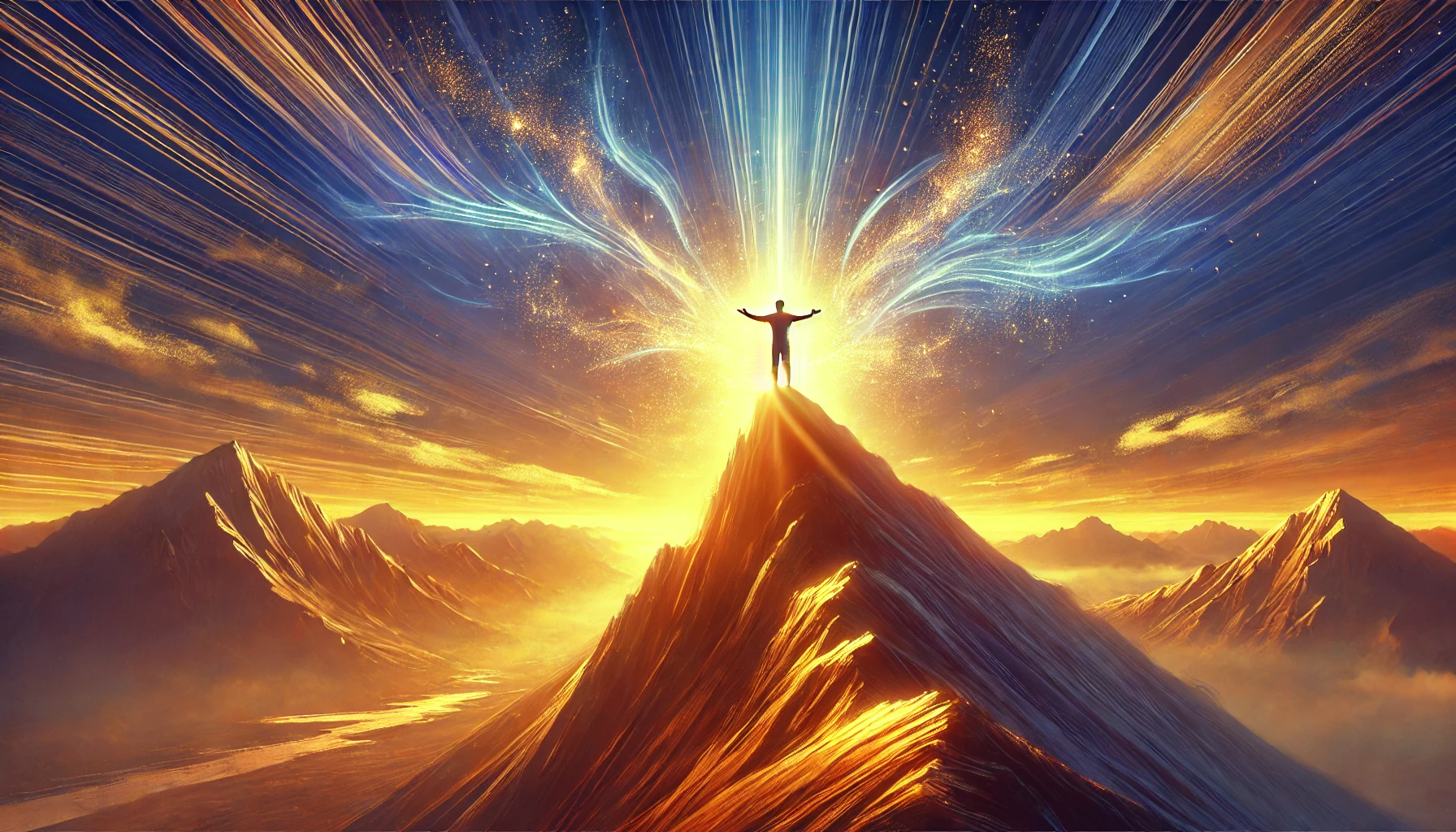 산 꼭대기에서 두 팔을 벌리고 당당하게 서 있는 남자