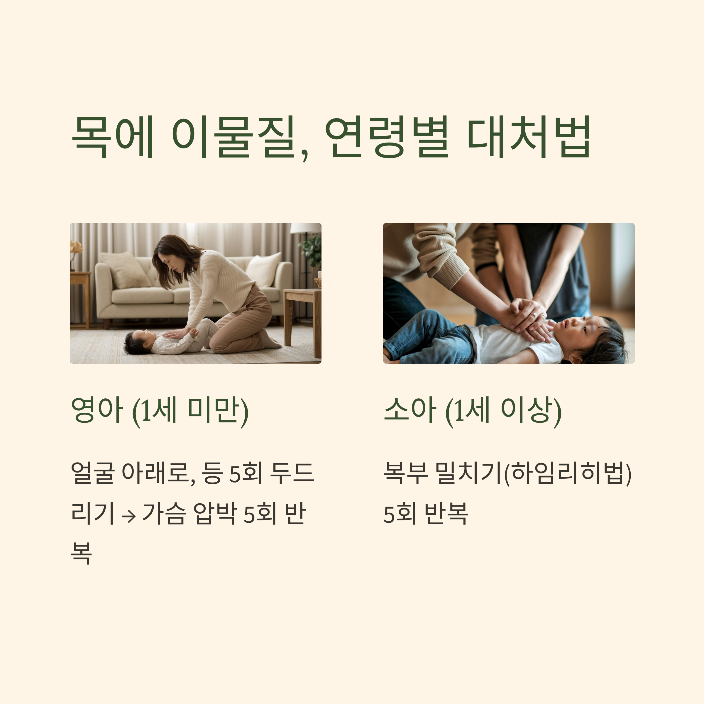 연령별 기도 이물질 제거법을 실제 시연하는 모습 (등 두드리기, 복부 밀치기)