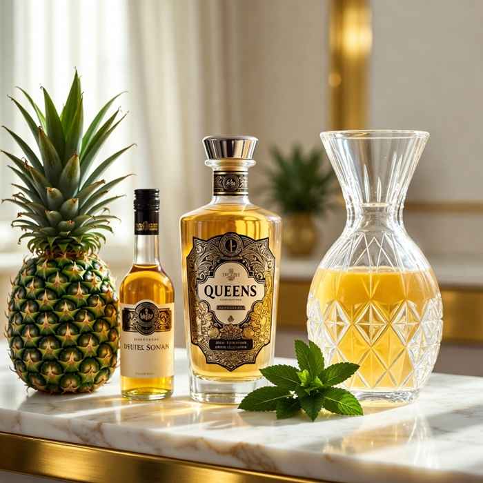 퀸즈 칵테일 재료 - 진, 드라이 베르무트와 신선한 파인애플 주스