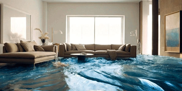 주택 거실 안으로 홍수가 나서 물이 들어온다. 소파 다리까지 물이 찼다.