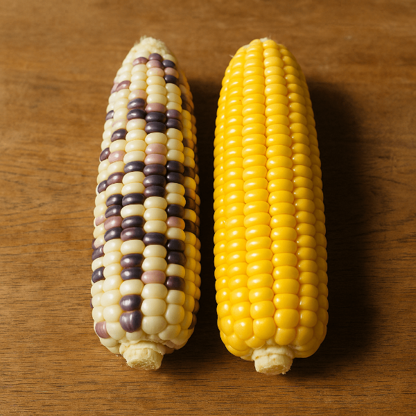 찰옥수수와 초당옥수수를 나란히 테이블에 올려놓은 모습