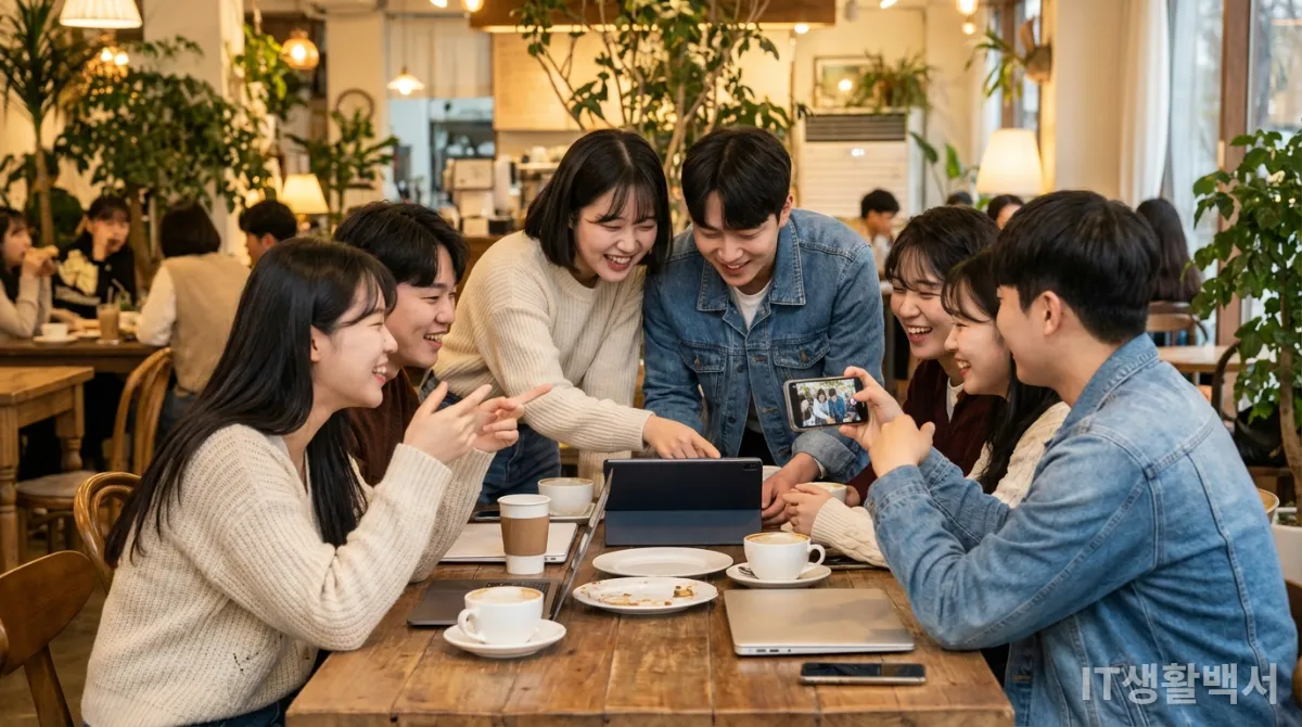 Z세대 친구들이 카페에서 모여 디스코드처럼 소통하며 즐거워하는 모습