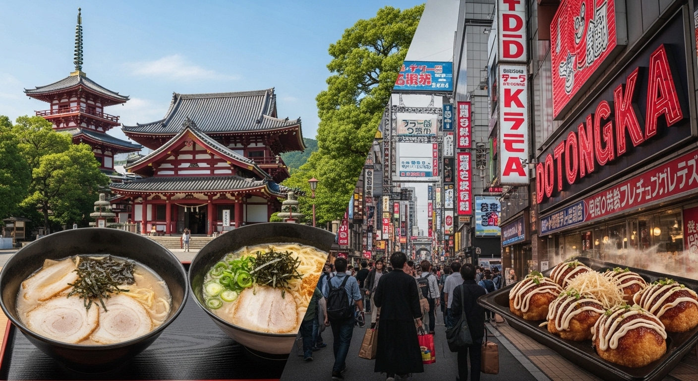 활기찬 오사카 도톤보리와 차분한 후쿠오카 오호리 공원이 대비되는 일본 여행 비교 이미지