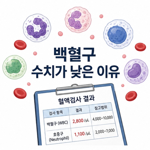 혈액 속 백혈구와 혈액검사 결과지를 이용해 백혈구 수치가 낮은 상태를 소개하는 그림