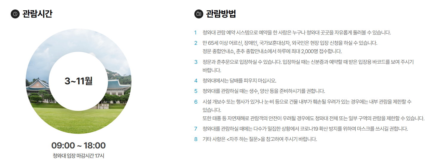 청와대 계절별 관람 시간 하계 안내판