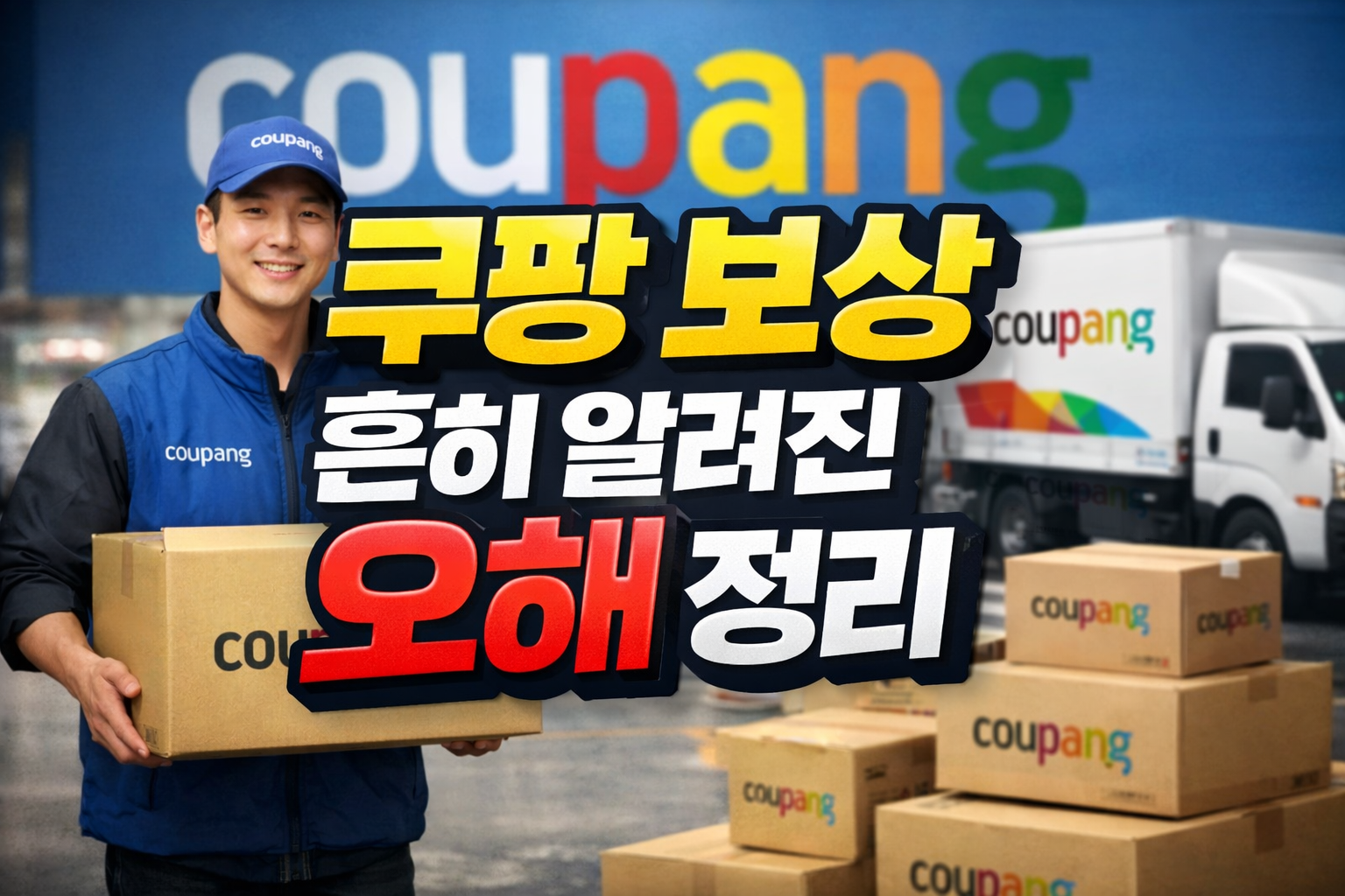 쿠팡 개인정보 유출 보상안 정리 썸네일, 쿠팡 배송 기사와 박스를 배경으로 보상 대상과 기준을 안내하는 이미지