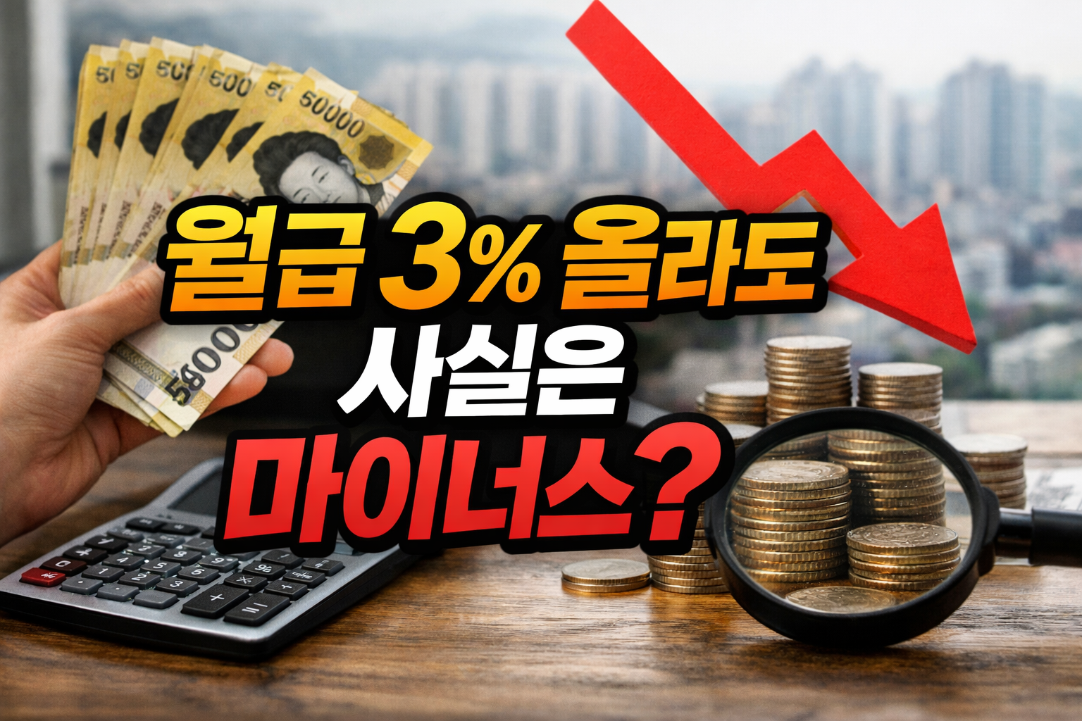월급 3% 인상에도 물가 상승으로 마이너스가 되는 실질임금 문제를 계산기와 동전, 하락 화살표로 표현한 이미지