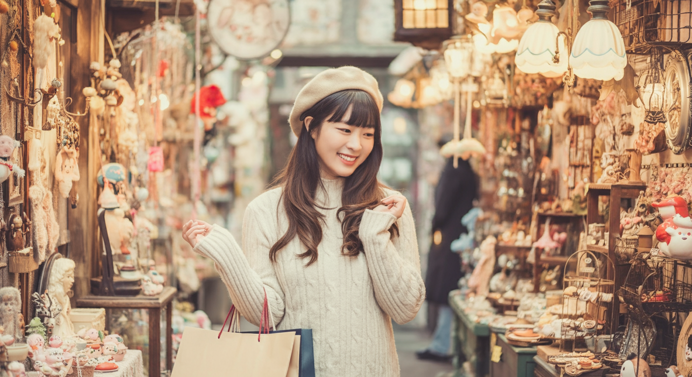 일본에서 귀여운 소품 가게에 구경을 하는 귀여운 한국인 여자