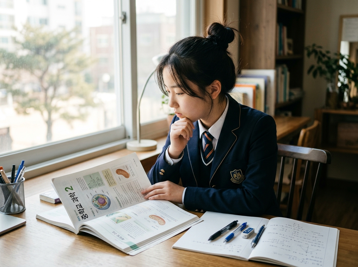 방학 중 과학 학습 계획을 세우며 교과서를 살펴보는 학생