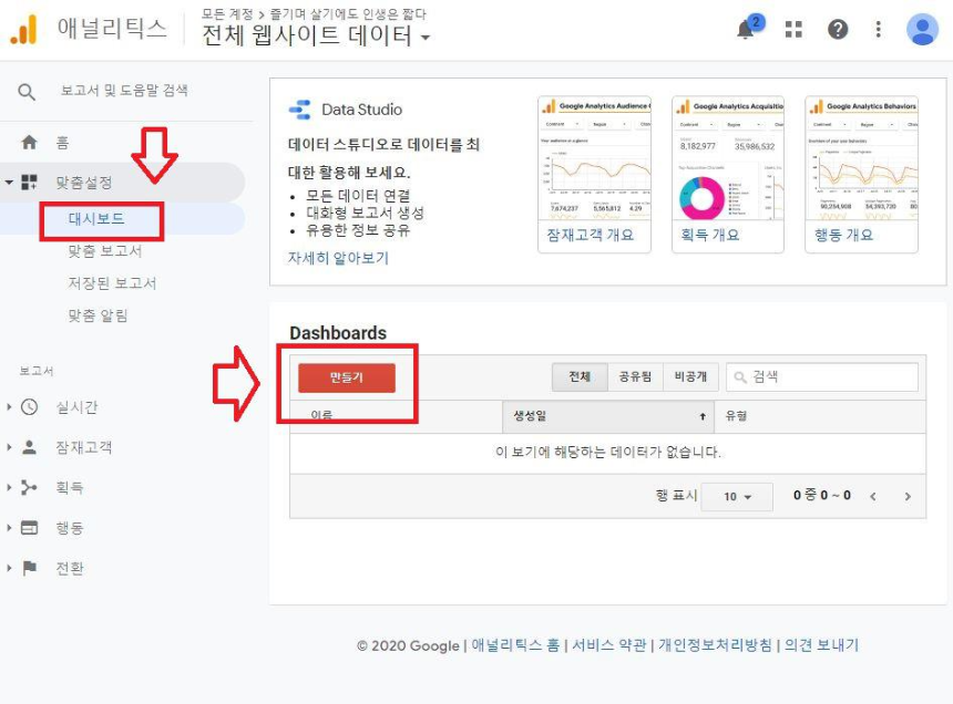구글 애널리틱스 대시보드 만들기