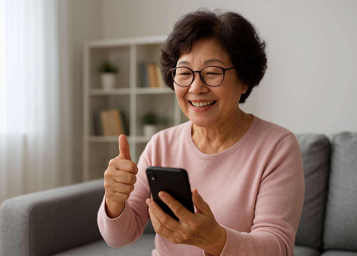 커튼과 장식 책장이 보이고 그 옆 소파에 안경을 낀 할머니가 한 손에 든 핸드폰을 보고 활짝 웃으며 다른 한 손으로 엄지 척을 하고 있는 모습으로 스마트폰 강좌를 받는 이미지로 연결