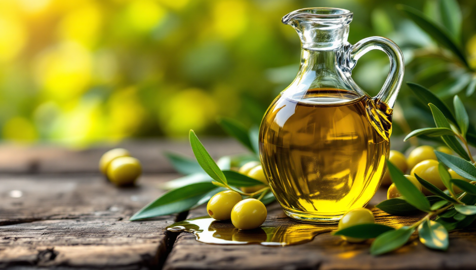 엑스트라버진 올리브오일과 신선한 올리브 나뭇잎과 올리브가 놓여 있는 모습
