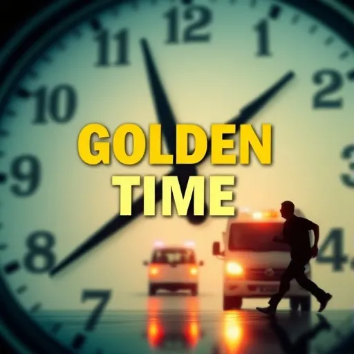 시계 바늘이 빠르게 돌아가는 듯한 배경에 '골든타임'이라는 글자가 강조되고, 신속하게 의료기관으로 향하는 듯한 사람의 실루엣이나 구급차를 연상시키는 이미지를 삽입합니다.