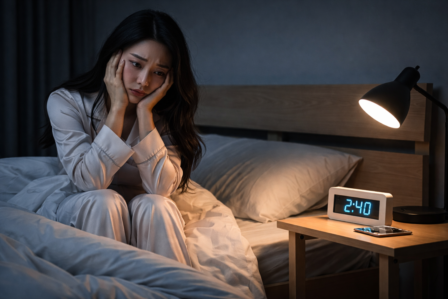 새벽 2시 40분, 잠들지 못하고 침대에 앉아 고민하는 20대 여성의 모습