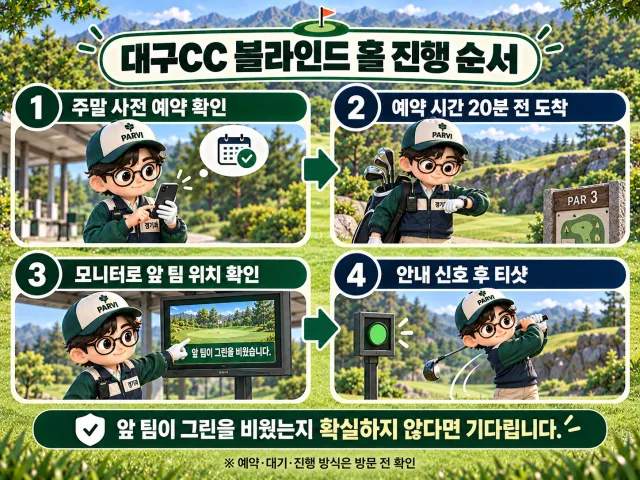 대구CC 파3의 사전 예약과 블라인드 홀 모니터 확인 절차를 정리한 이미지