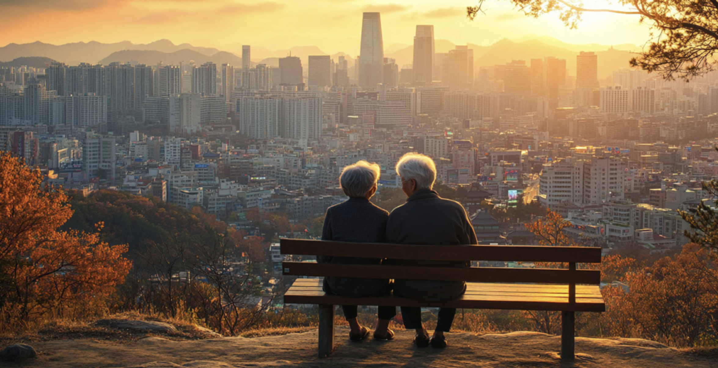 도시 야경을 배경으로 벤치에 앉은 노부부