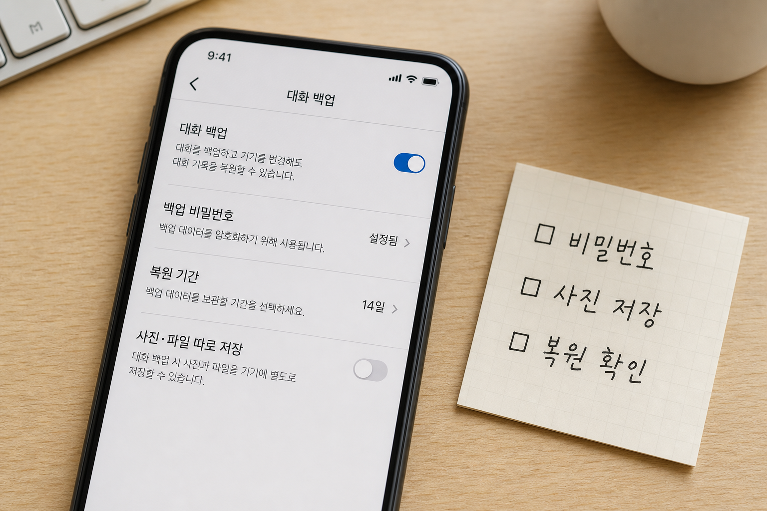 카카오톡 대화 백업과 백업 비밀번호 사진 파일 별도 저장 메뉴를 보여주는 스마트폰 예시 화면