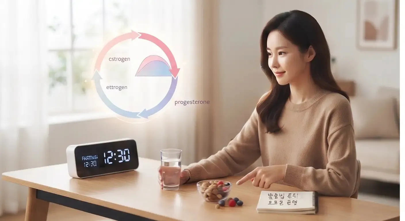 여성 호르몬 주기 다이어그램과 디지털 시계가 보이는 책상에서 건강 노트를 가리키는 30대 여성