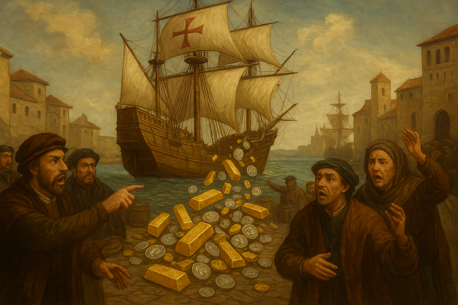 스페인 항구에 도착한 보물선에서 금괴와 은화가 쏟아지고 시민과 상인이 놀라는 장면.