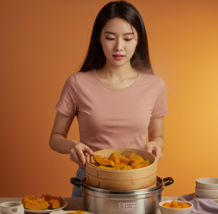 단호박을 찜기로 찌는 모습.