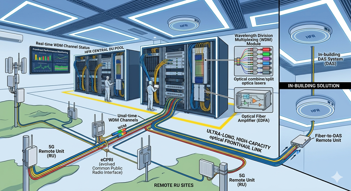 에치에프알(HFR) 5G 프런트홀 아키텍처 및 중앙 DU 풀과 WDM 채널 상태 모니터링 시스템 개념도